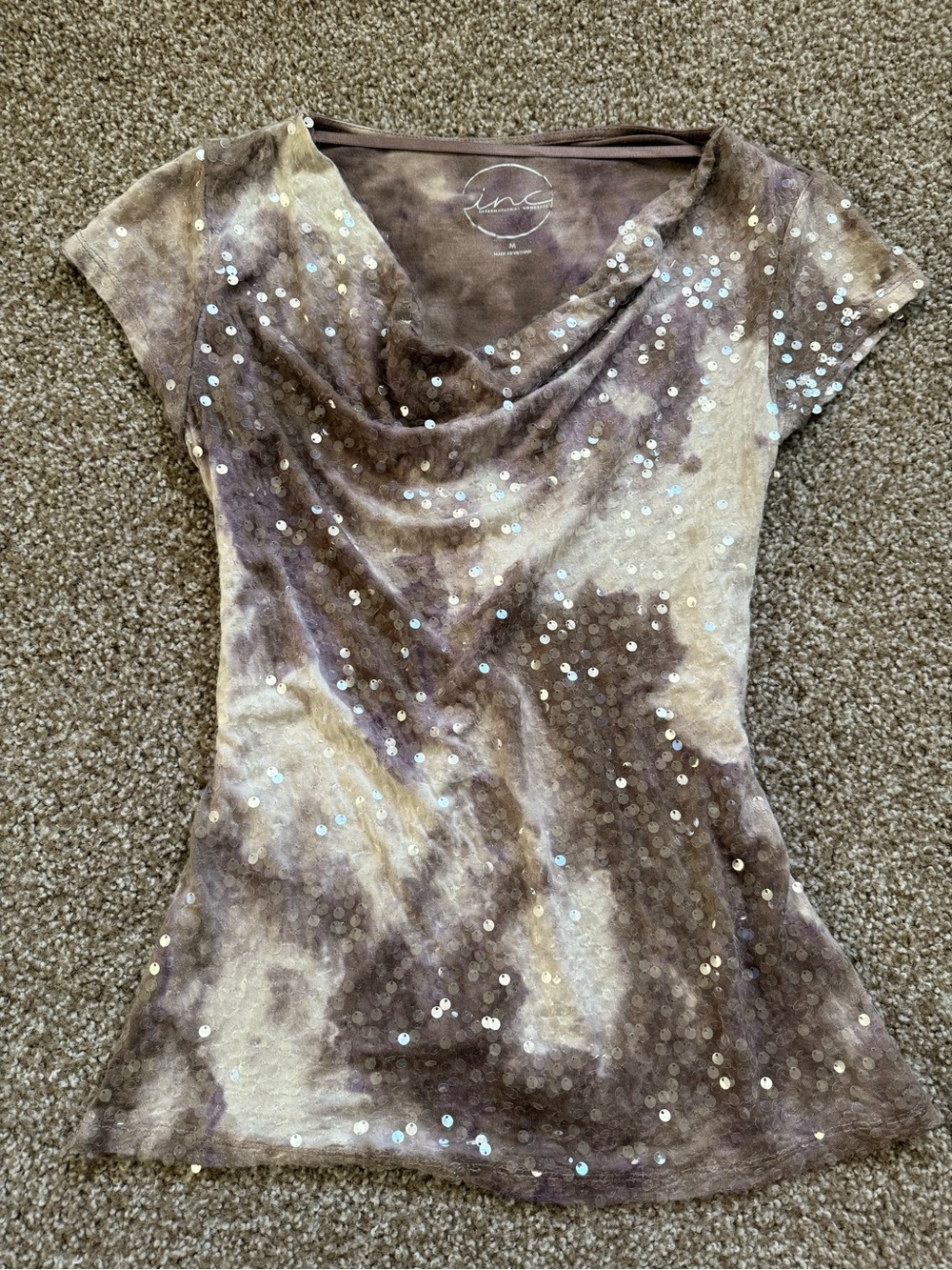 INC International Concepts Taupe and Brown Sequin Cowl Neck Short Sleeve Top